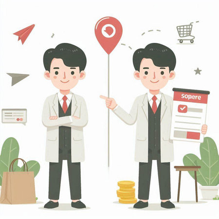 Male and female doctors in white coats standing on the background of a map with a pointer.のイラスト素材