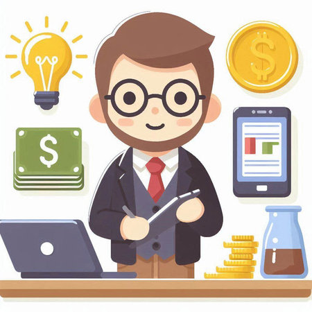 Businessman with laptop and money. Vector illustration in a flat style.のイラスト素材