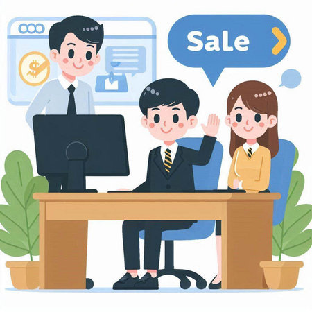 Businessman and businesswoman talk about sale. Vector Illustration.のイラスト素材
