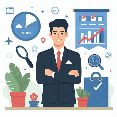 Businessman in office. Business concept. Vector illustration in flat styleのイラスト素材