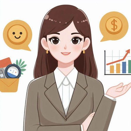 Business woman with business related icons on white background, vector illustration.のイラスト素材