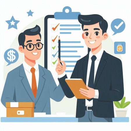 Businessman giving a presentation to his colleague. Vector flat illustration.のイラスト素材