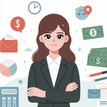 Business woman with a lot of business related icons. Vector illustration.のイラスト素材