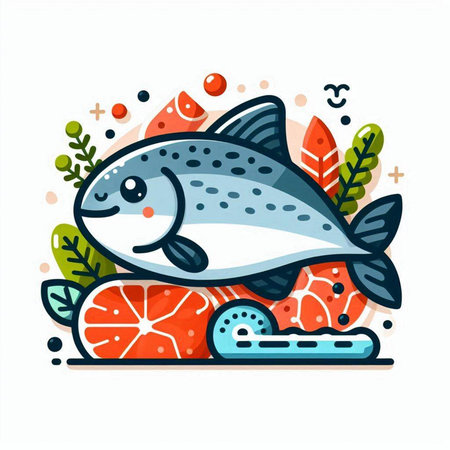 Salmon fish with seaweed. Vector illustration in flat style.のイラスト素材