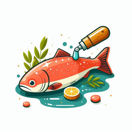 Red fish with lemon and olive oil. Vector illustration on white background.のイラスト素材