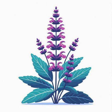 Salvia officinalis plant with purple flowers. Vector illustration.のイラスト素材