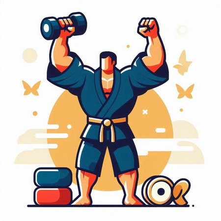 Karate man with dumbbells. Vector illustration in flat styleのイラスト素材