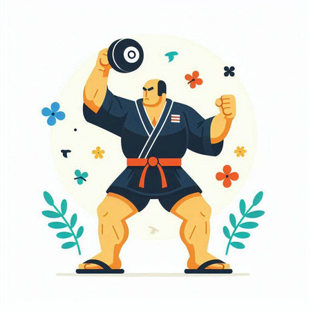 Karate man with dumbbell. Vector illustration in flat style.のイラスト素材