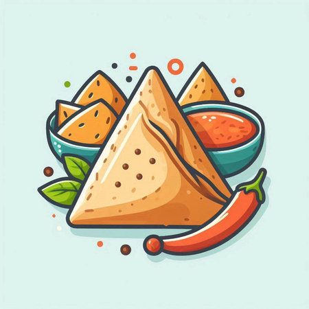 Mexican food vector illustration. Nachos, nachos, guacamole, salsa, chili, guacamoleのイラスト素材