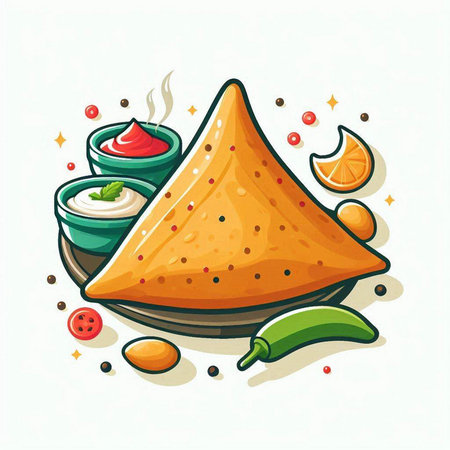 Mexican nachos with sauce and ingredients. Vector illustration.のイラスト素材