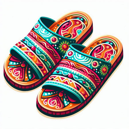 Pair of colorful wooden slippers with ethnic ornament. Vector illustrationのイラスト素材