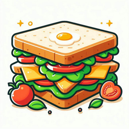 Sandwich with fried egg, tomato and cucumber. Vector illustration.のイラスト素材