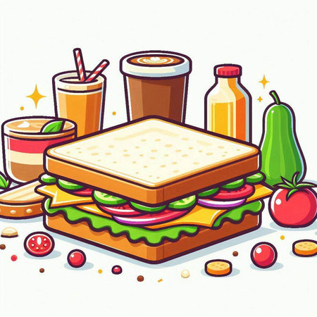 Sandwich with juice and fruit. Vector illustration of fast food.のイラスト素材