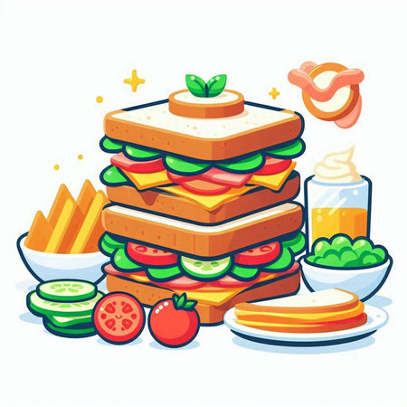 Sandwiches with vegetables and sauce. Vector illustration on white background.のイラスト素材