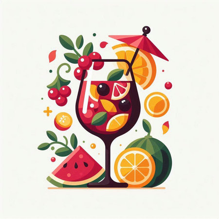 Cocktail with fruits and berries in flat style. Vector illustration.のイラスト素材