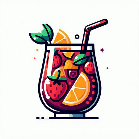 Cocktail with strawberries, orange and mint. Vector illustration.のイラスト素材