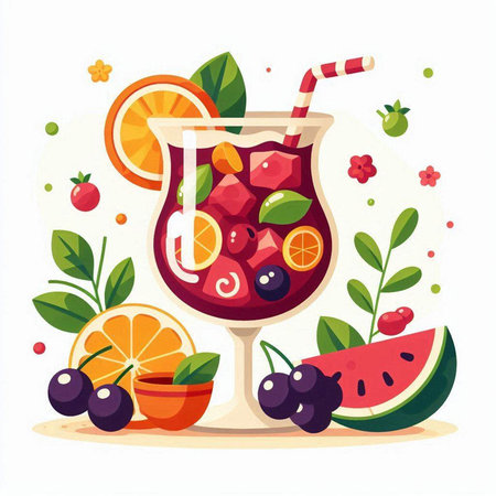 Fruit cocktail with berries and fruits. Vector illustration in cartoon styleのイラスト素材