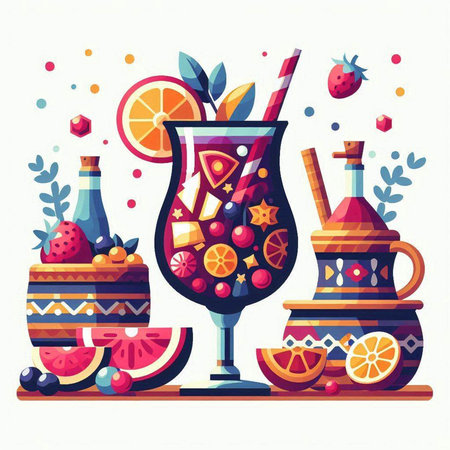 Cocktail with fruits and berries. Colorful vector illustration.のイラスト素材