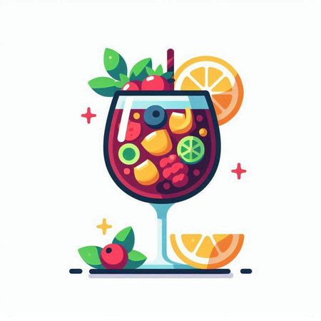 Cocktail with fruits and berries in a glass. Vector illustration.のイラスト素材