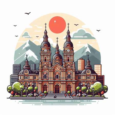 Church of the Assumption of the Blessed Virgin Mary on the background of mountains. Vector illustration.のイラスト素材