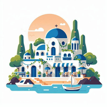 Vector illustration of Greek island in flat style. Beautiful vector illustration.のイラスト素材