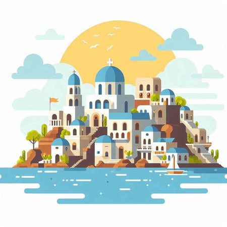Illustration of the island of Santorini. Vector illustration.のイラスト素材