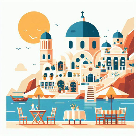 Beautiful Santorini island in Greece. Vector illustration in flat styleのイラスト素材