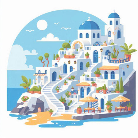 Santorini island, Greece. Vector illustration in cartoon styleのイラスト素材