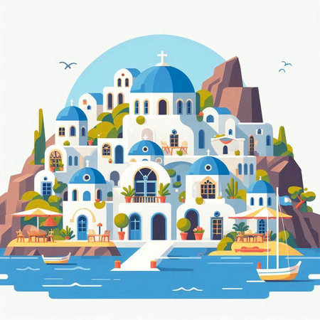 Santorini island. Greece. Vector illustration in flat styleのイラスト素材