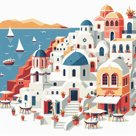 Santorini, Greece. Seascape with traditional architecture. Vector illustration.のイラスト素材