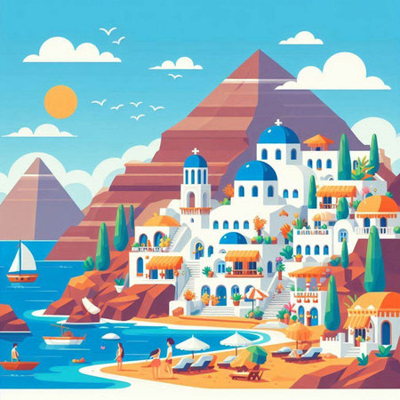 Santorini island, Greece. Colorful vector cartoon illustrationのイラスト素材
