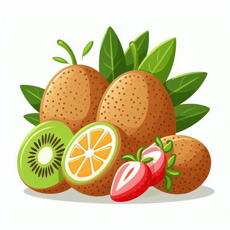 Fresh kiwi fruits with green leaves on white background. Vector illustration.のイラスト素材