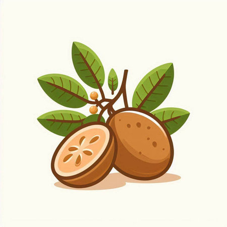 Whole and half of Sapodilla fruit with leaves. Vector illustration.のイラスト素材