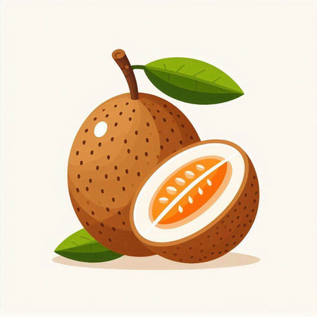 Whole and half of Sapodilla fruit with leaves. Vector illustration.のイラスト素材
