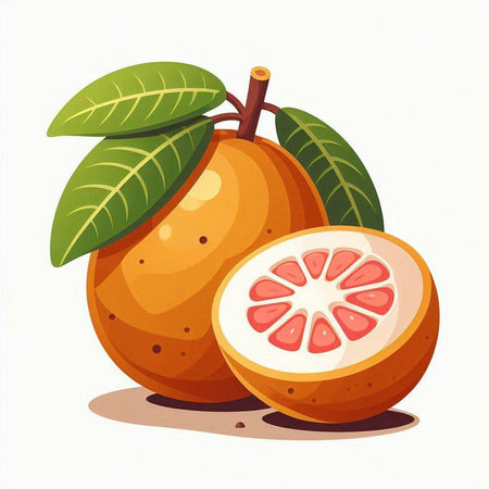 Whole and half of santol with green leaves. Vector illustration.のイラスト素材