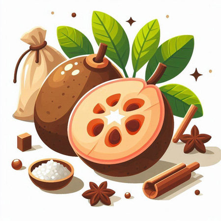 Vector illustration of fresh kiwi fruit with leaves and cinnamon sticks.のイラスト素材