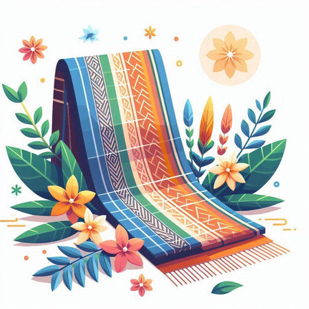 Vector illustration of a colorful hand woven rug with flowers and leaves.のイラスト素材