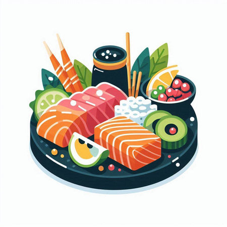 Vector illustration of japanese cuisine. Sushi set with salmon, tuna, seaweed, wasabi, cucumber, ginger, soy sauce, wasabi.のイラスト素材