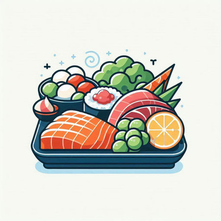 Vector illustration of japanese food. Sushi and rolls in a container.のイラスト素材