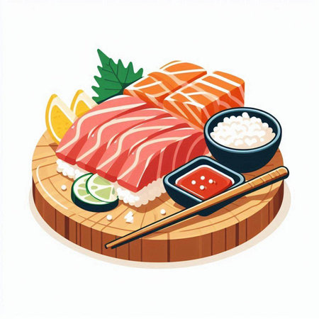 Sushi set on a wooden board. Vector illustration in cartoon style.のイラスト素材