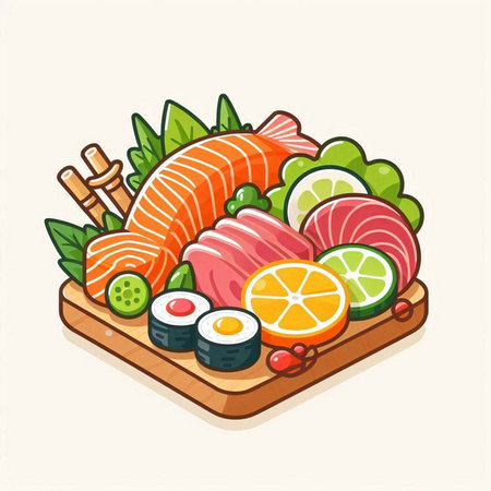 Vector illustration of sushi with salmon, tuna, shrimp and vegetables on a wooden board.のイラスト素材
