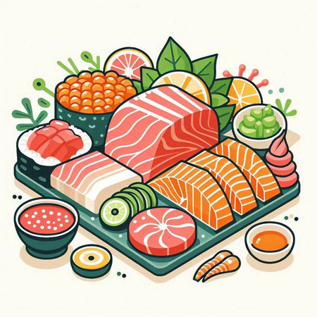Sushi set. Sashimi, nigiri, salmon, tuna, eel, caviar, ginger, wasabi, soy sauce. Vector illustration.のイラスト素材