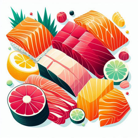 Illustration of a set of different types of sushi. Salmon, tuna, tuna, salmon, shrimp, prawn, avocado, lime, lemon.のイラスト素材