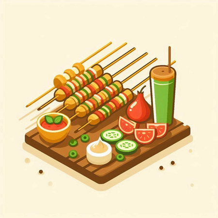 Barbeque on a wooden board with vegetables. Vector illustration.のイラスト素材