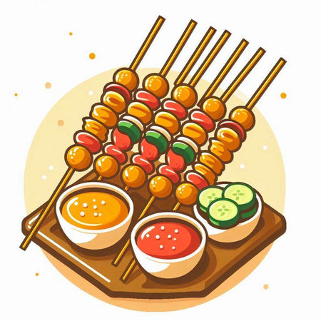 Skewers on skewers with sauce. Vector illustration.のイラスト素材