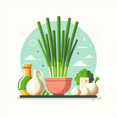 Vegetables in flat style, vector illustration. Green onions, garlic, onion, parsley, olive oil, vinegarのイラスト素材