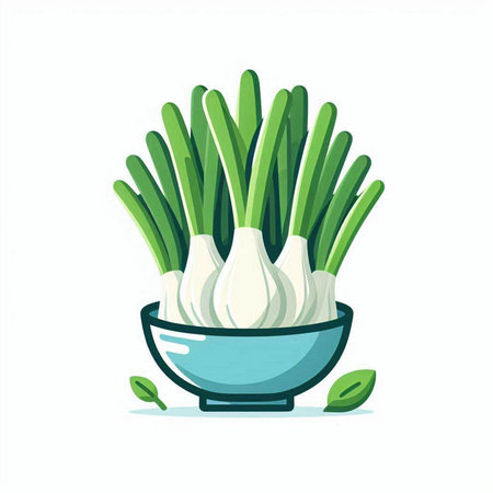 Fresh spring onion in a bowl. Vector illustration isolated on white background.のイラスト素材