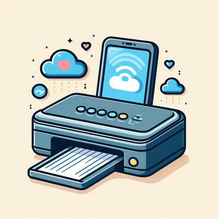 Printer and smartphone with cloud computing icon. Vector illustration in line art style.のイラスト素材