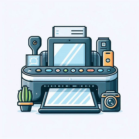 Colorful vector illustration of a printer with different equipment on white backgroundのイラスト素材