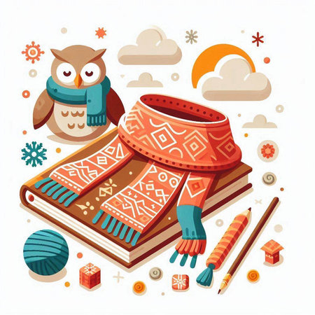 Vector illustration with owl, scarf, books, pencils and snowflakesのイラスト素材